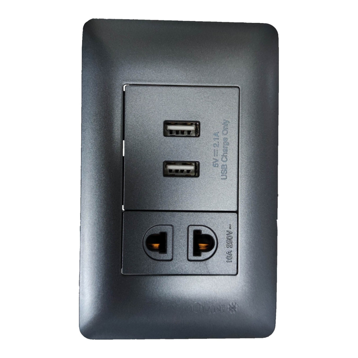 A dark gray wall-mounted dual USB-C charging port panel with two USB-A ports and two USB-C ports, shown on a plain white background.