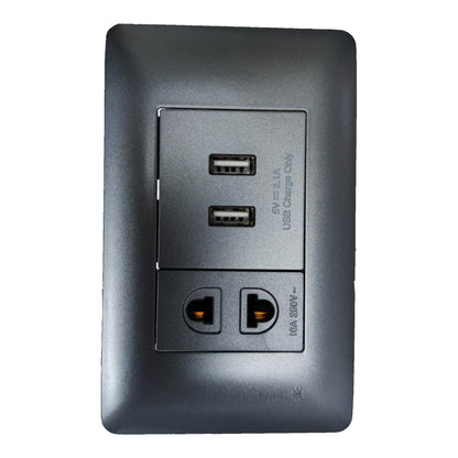 A dark gray wall-mounted dual USB-C charging port panel with two USB-A ports and two USB-C ports, shown on a plain white background.