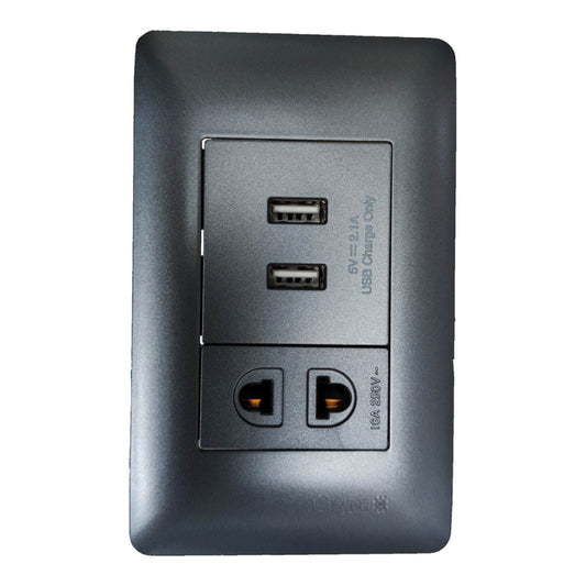 A dark gray wall-mounted dual USB-C charging port panel with two USB-A ports and two USB-C ports, shown on a plain white background.