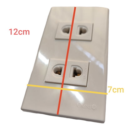 A white double electrical outlet faceplate shown on a white background with red and yellow dimension lines and text indicating 12cm height and 7cm width.