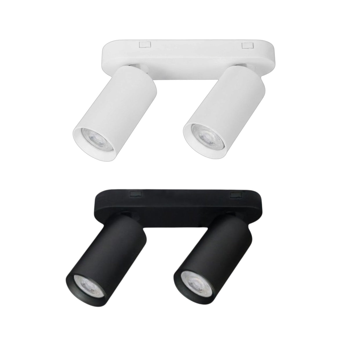 Two modern dual-head track spotlight fixtures shown on a plain white background, one in white and one in black.