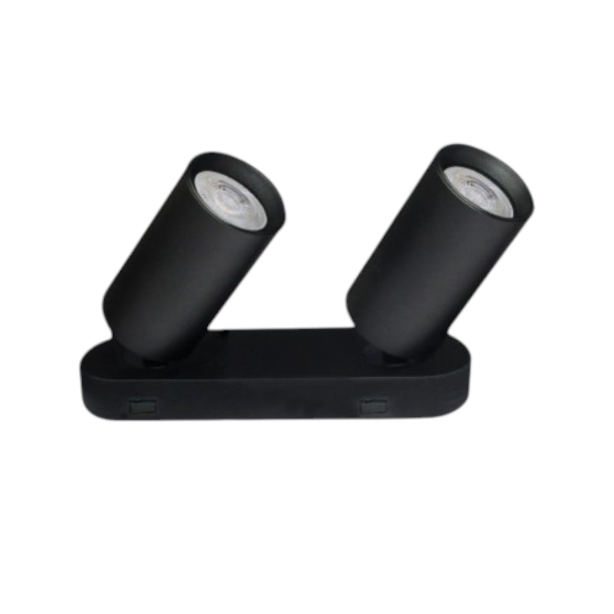 A black dual-head spotlight fixture with adjustable cylindrical heads on a rectangular base, shown against a plain white background.