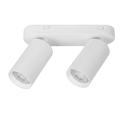 A modern white two-light track ceiling fixture with adjustable cylindrical spotlight heads on a plain white background.