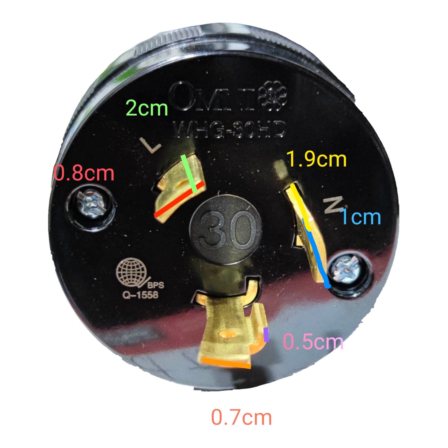 A circular black magnetic compass component with gold-colored metal contacts and overlaid colored dimension labels showing measurements around the perimeter.
