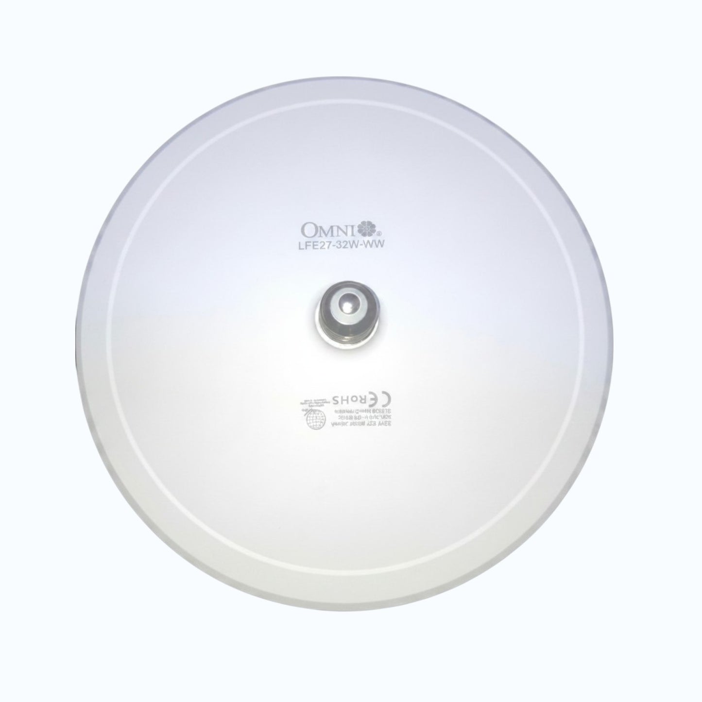 A top-down view of a white circular Omni LPE2-525-WW wireless access point on a light gray background.