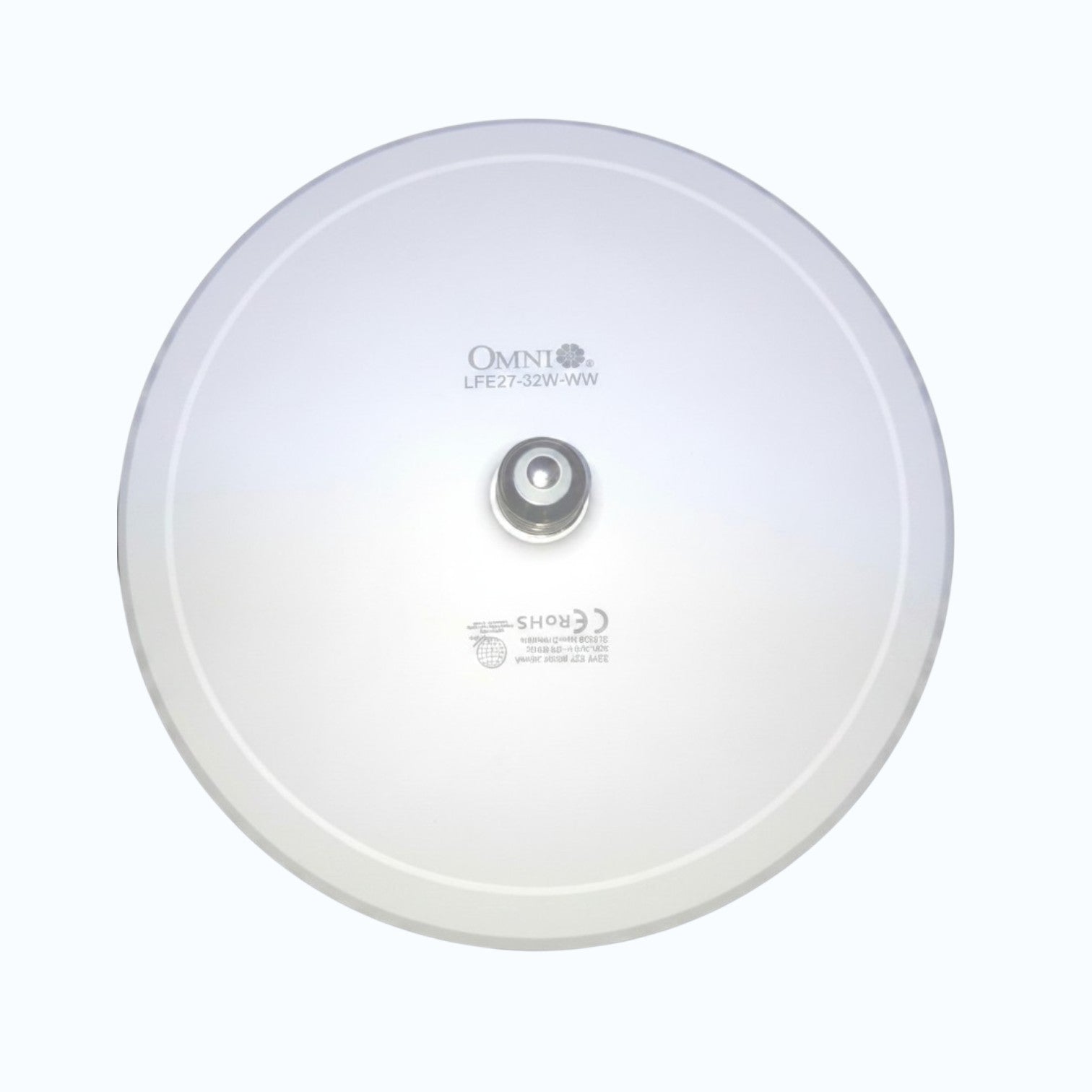 A top-down view of a white circular Omni LPE2-525-WW wireless access point on a light gray background.