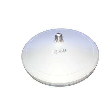 A white circular ceiling mount light fixture with a central silver screw terminal, shown on a plain white background.