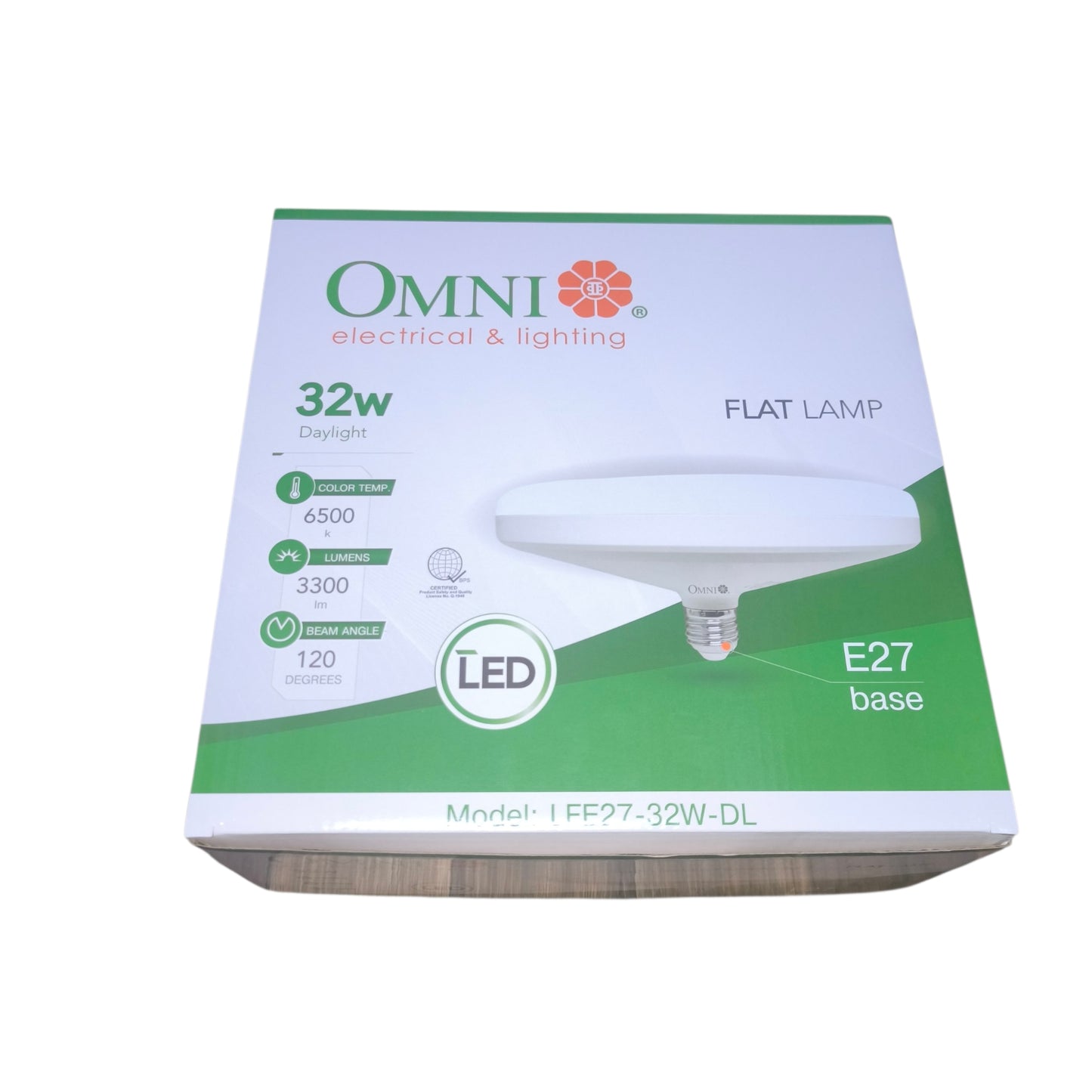 OMNI Electrical & Lighting 32W Flat LED Lamp packaging box, model FF27-32W-DL, featuring a white and green design with an illustration of the flat dome-shaped LED bulb.