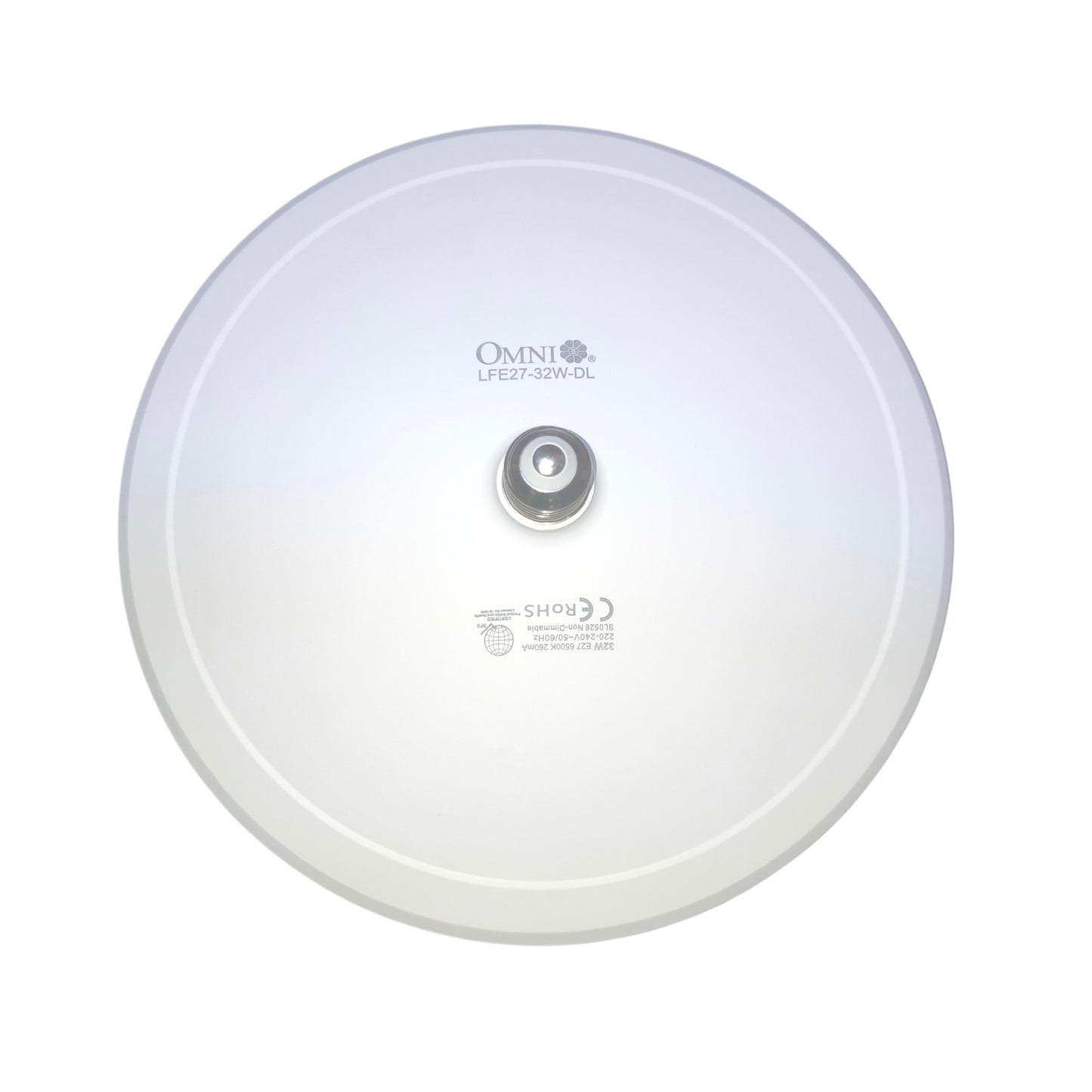 A top-down view of a white circular Omni LFE27-700W-DC satellite dish on a solid white background.