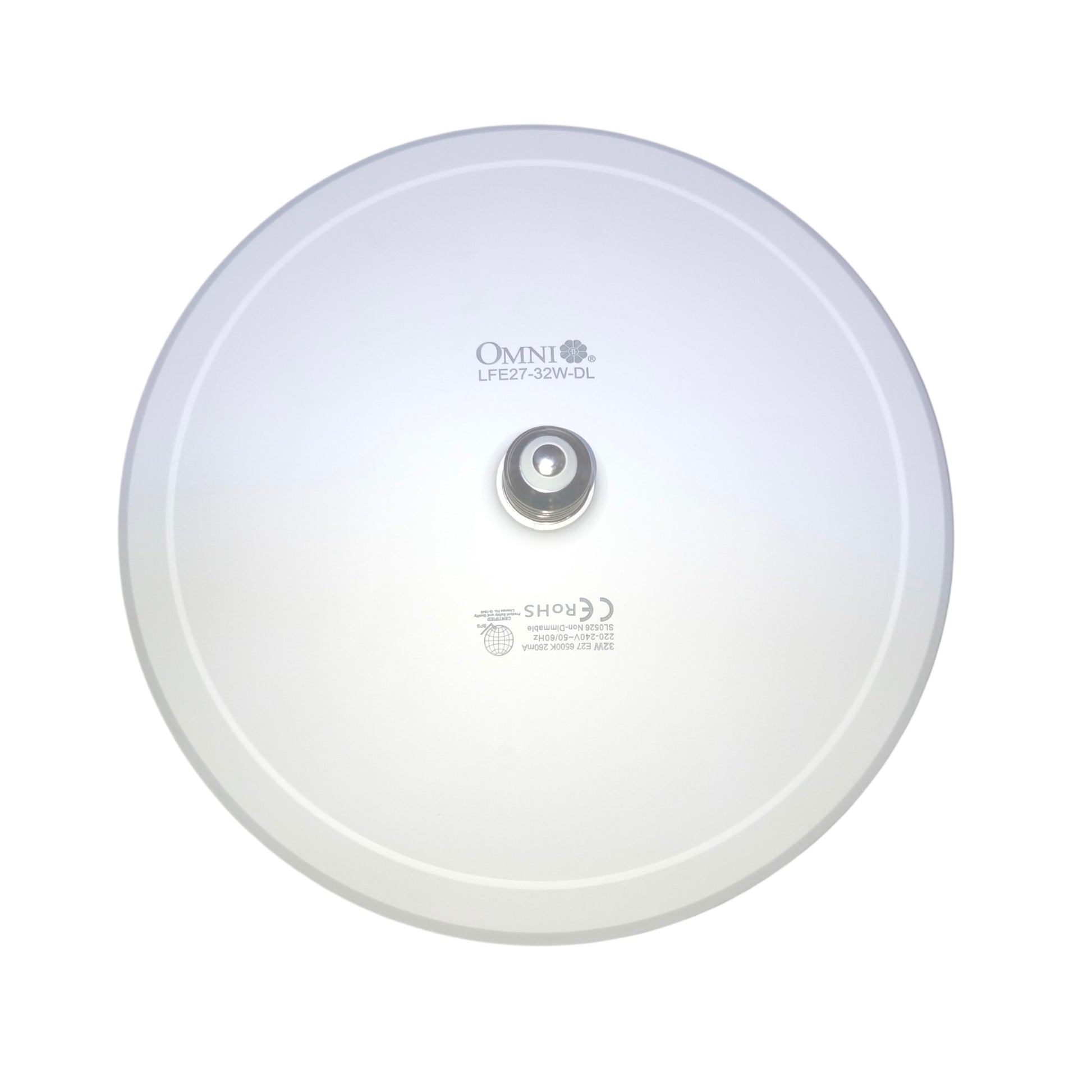 A top-down view of a white circular Omni LFE27-700W-DC satellite dish on a solid white background.