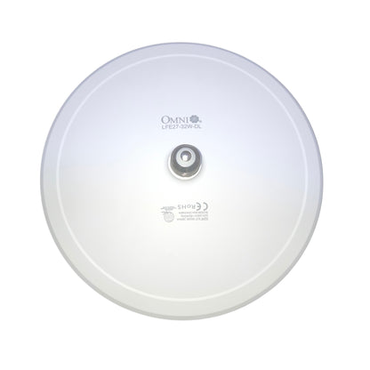 A top-down view of a white circular Omni LFE27-700W-DC satellite dish on a solid white background.