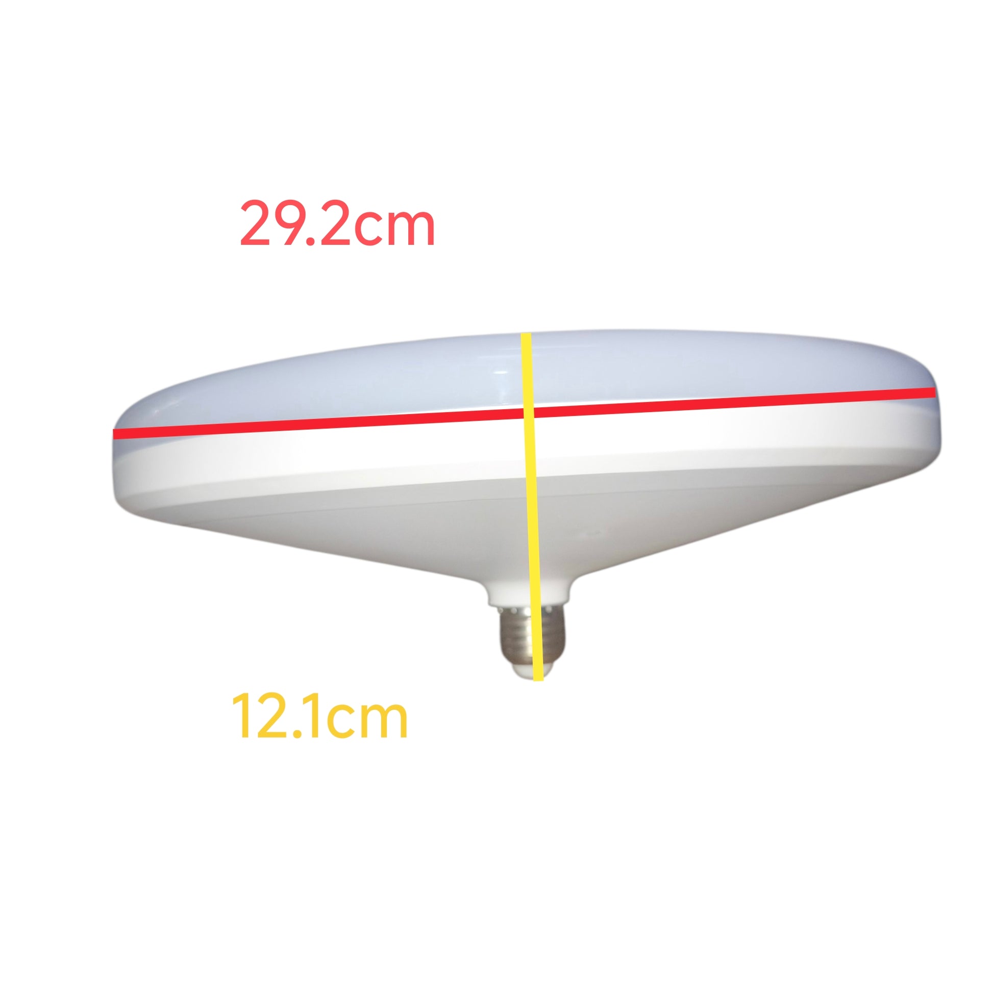 A white dome-shaped light fixture with a metal screw base, overlaid with red and yellow dimension lines and text showing 29.2cm width and 12.