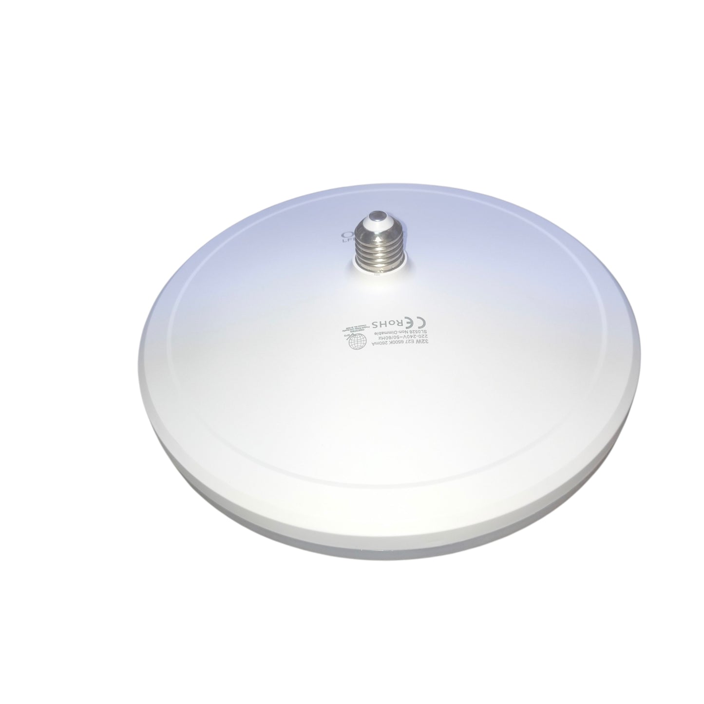 A white circular ceiling mount light fixture with a central silver screw terminal, shown on a plain white background.