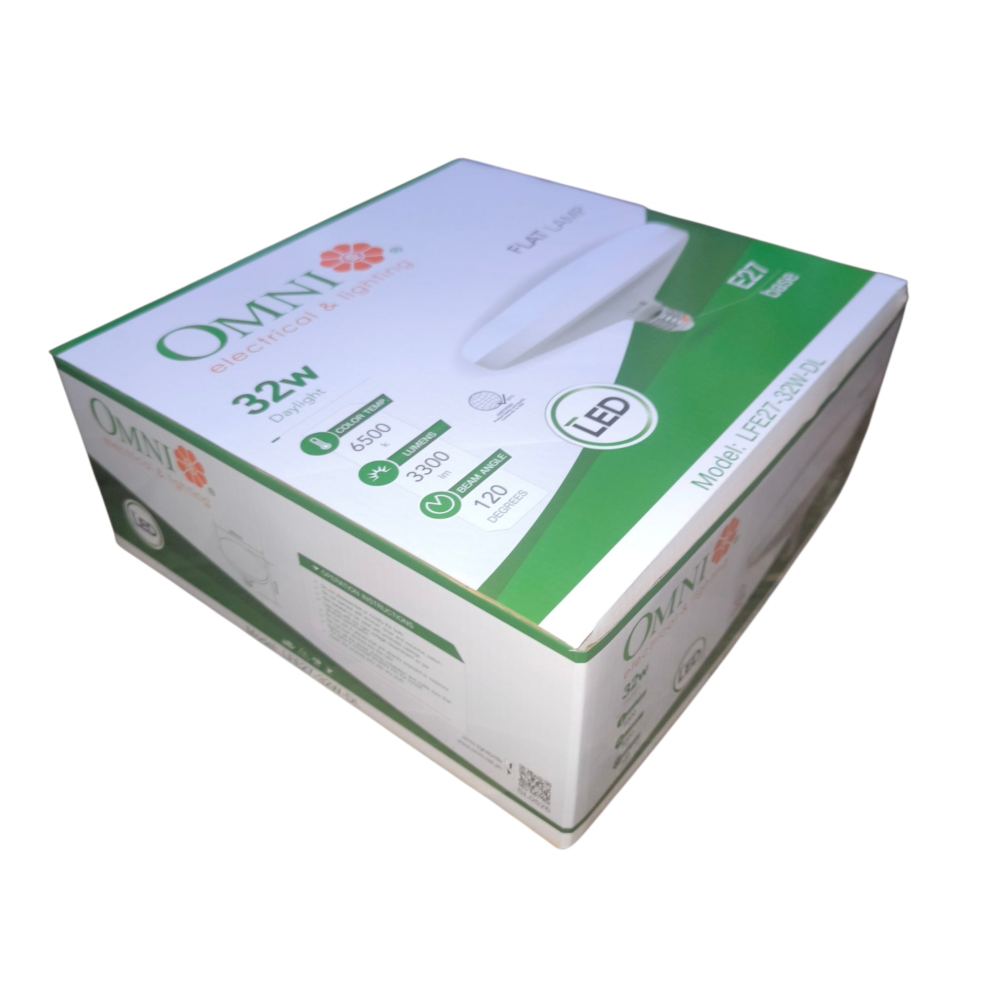 OMNI brand 32W LED light fixture retail packaging box, shown at an angle on a plain white background.