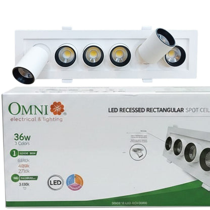 A white 4-light recessed rectangular spot ceiling fixture shown above its retail box. The box is branded 'OMNI electrical & lighting' and displays product specifications including 36W, 3 Coils, and color temperature options.