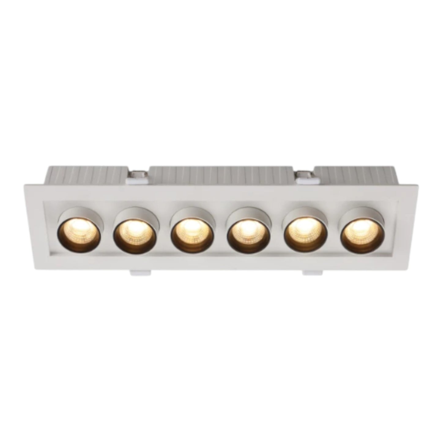 A rectangular recessed ceiling light fixture with six adjustable spotlight heads, shown against a plain white background.