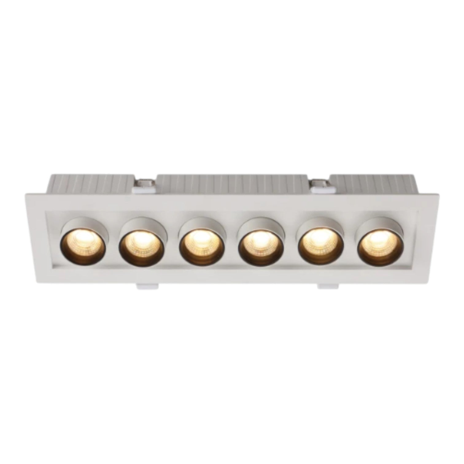 A rectangular recessed ceiling light fixture with six adjustable spotlight heads, shown against a plain white background.