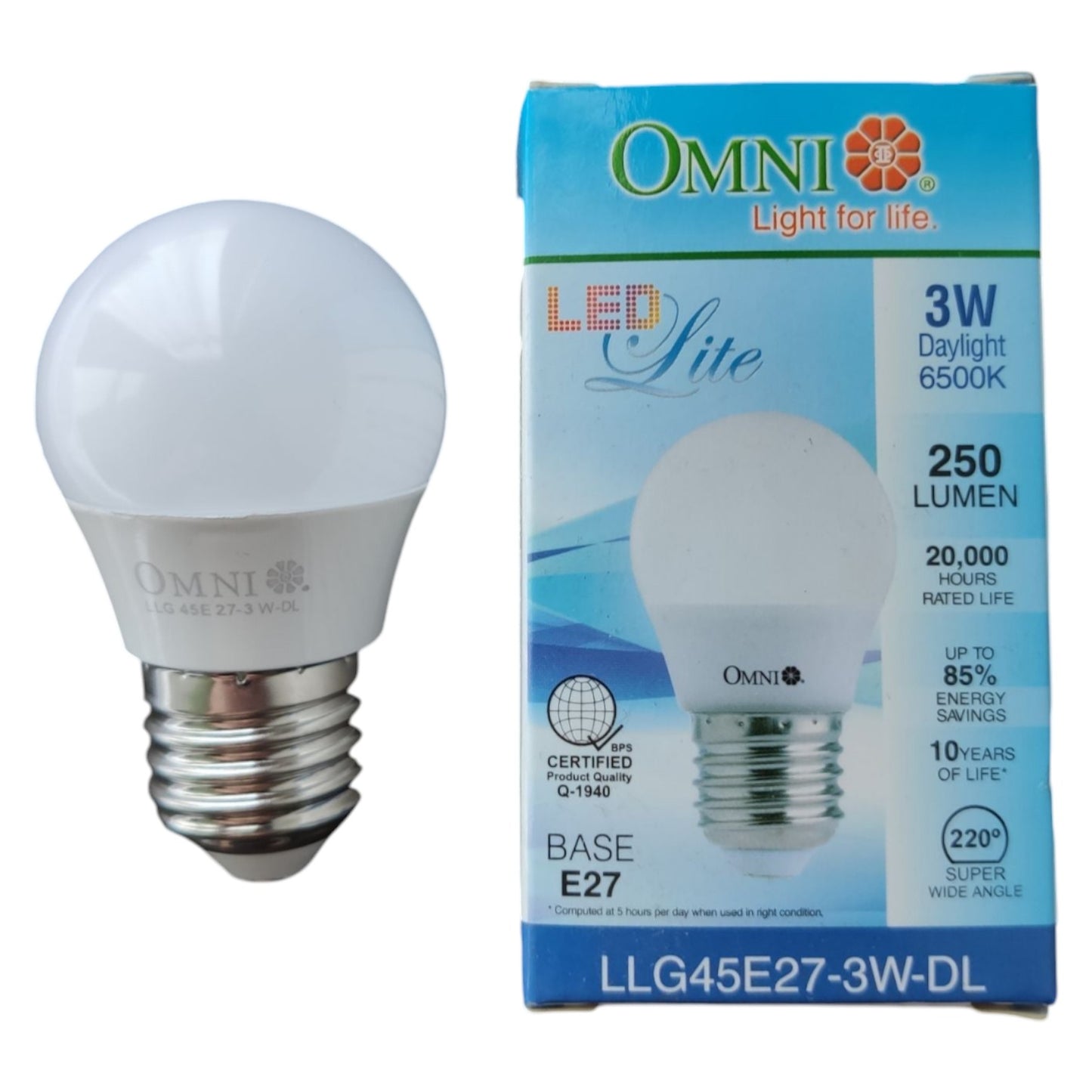 LED light bulb with Omni packaging on a white background