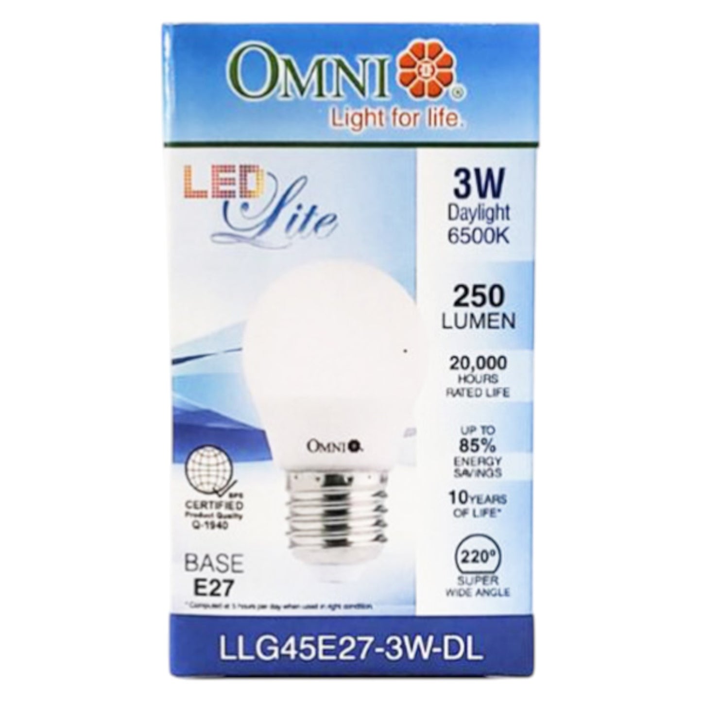 OMNI LED light bulb packaging on a white background