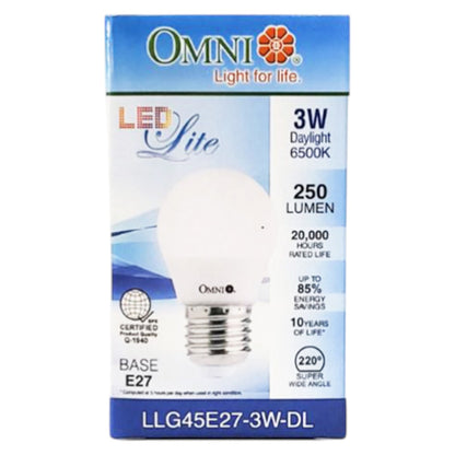 OMNI LED light bulb packaging on a white background