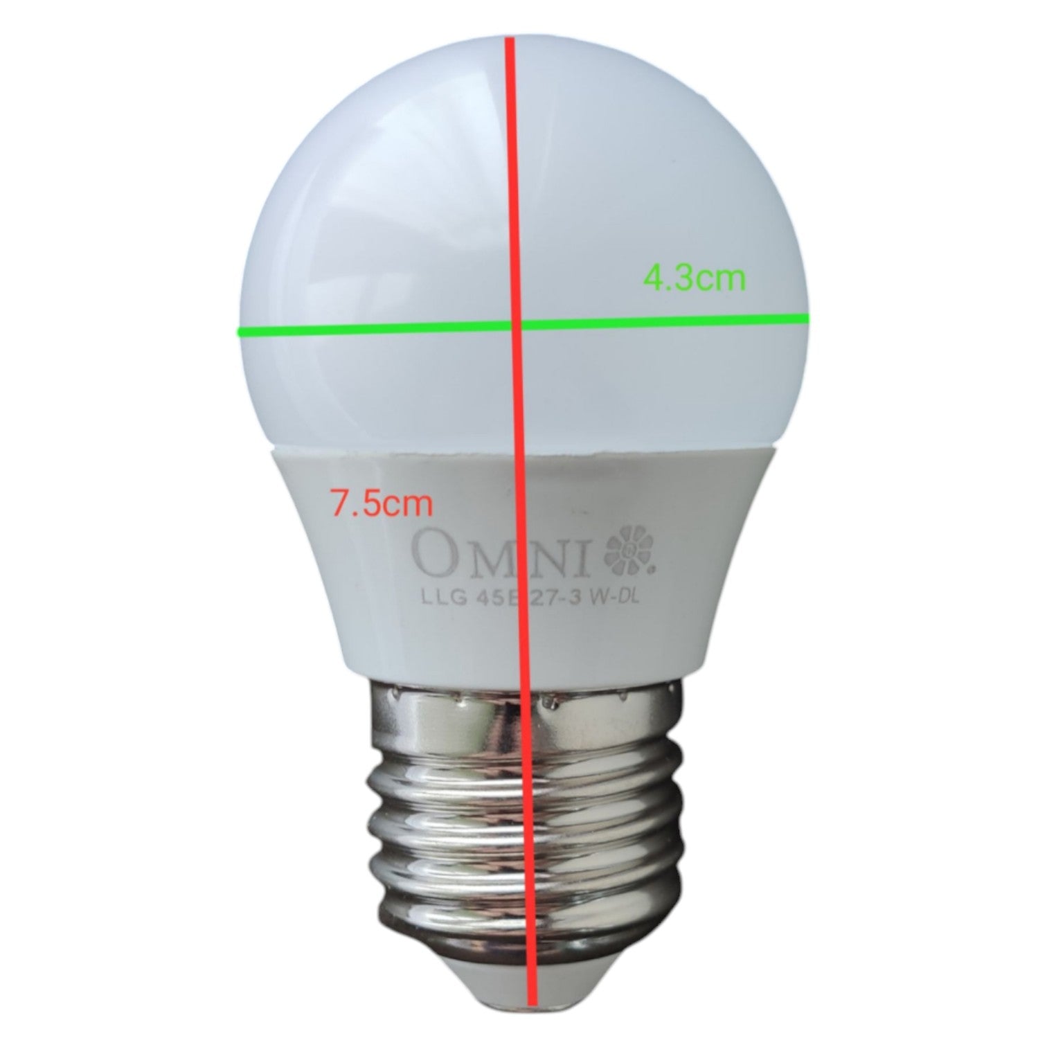 LED light bulb with measurements and 'Omni' branding on a white background