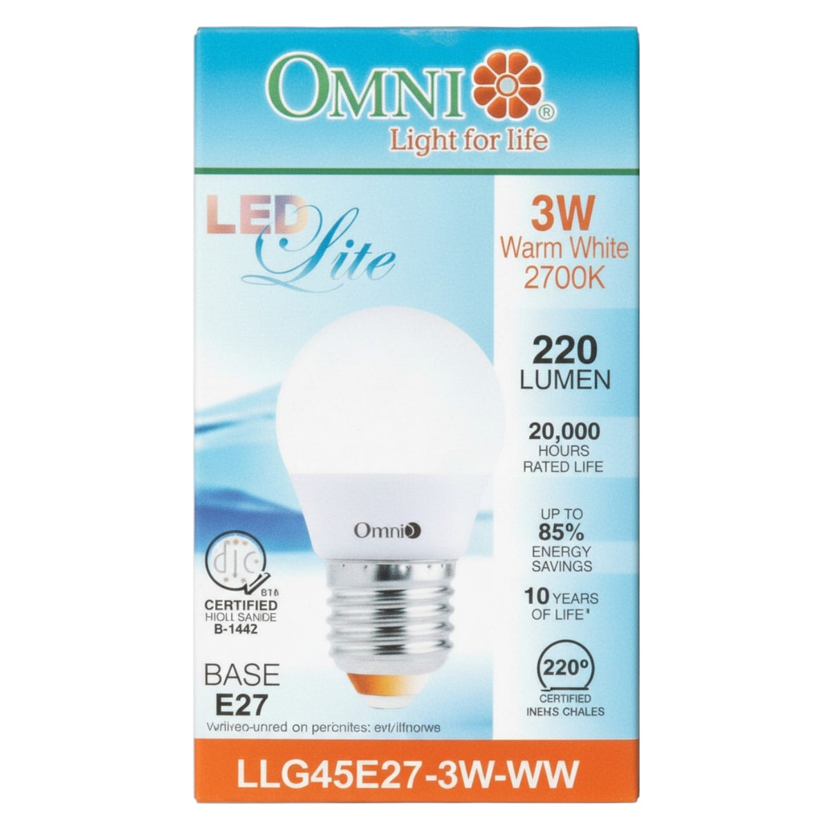 OMNI LED light bulb packaging with product details on a white background