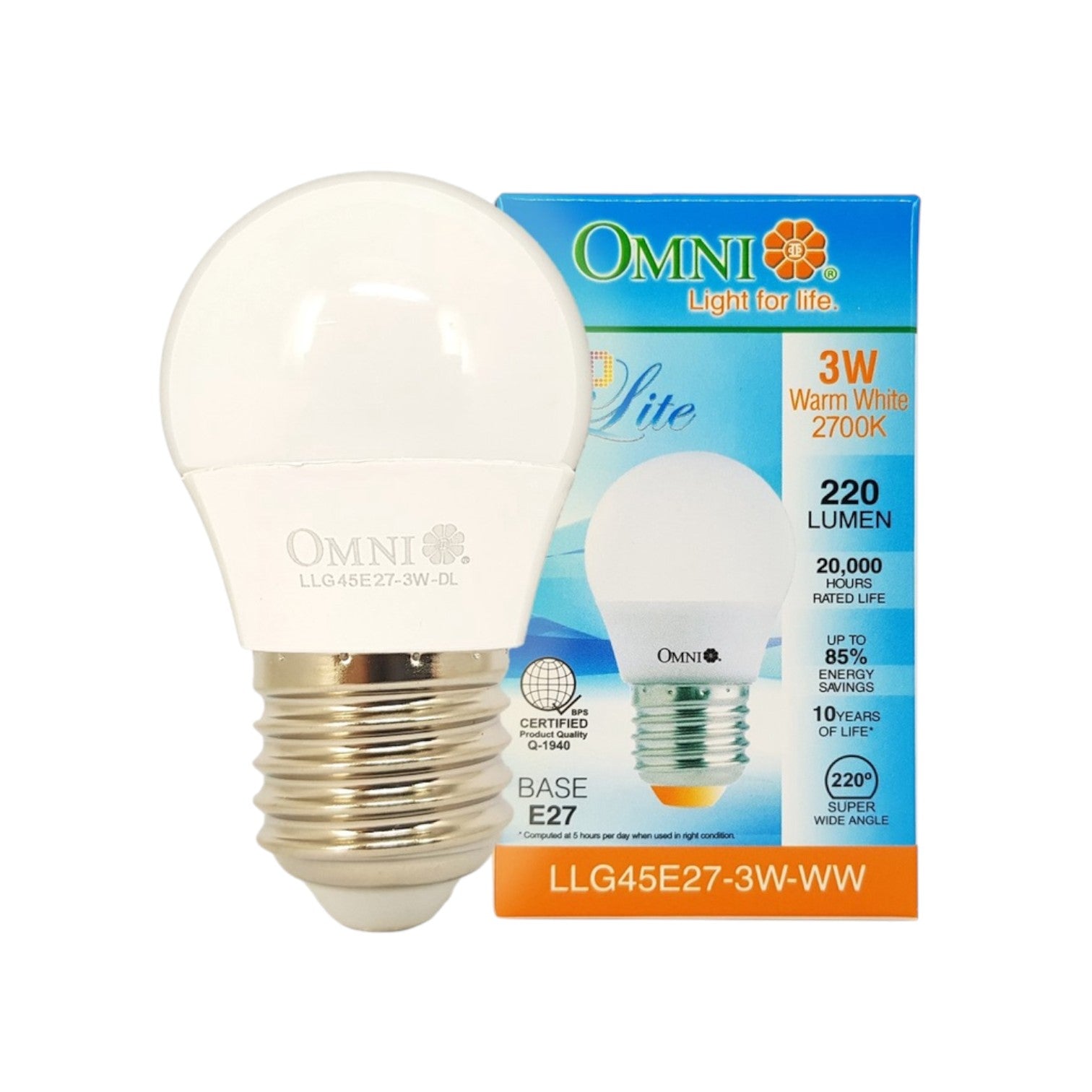 White light bulb with Omni packaging on a white background