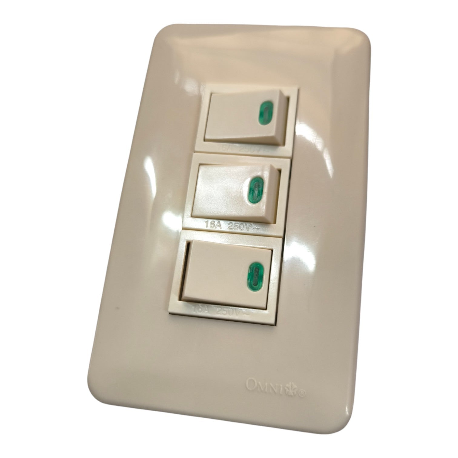 A three-switch wall light switch plate in a glossy cream finish, featuring three rectangular switches with small green indicator lights, on a white background.