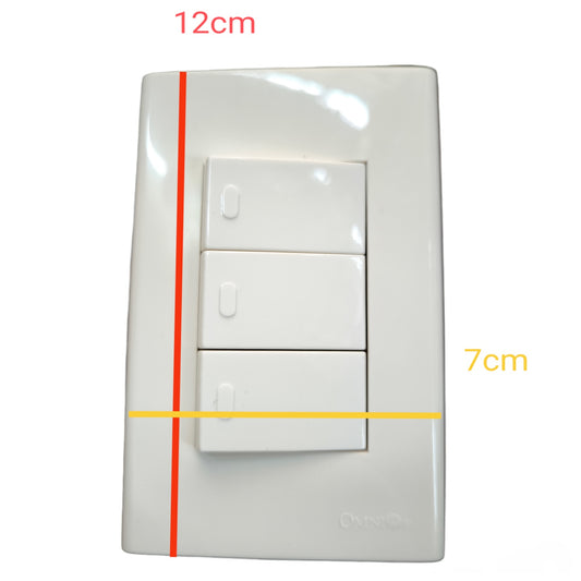 A three-switch white wall switch plate with red and yellow dimension lines and text indicating 12cm height and 7cm width on a white background.