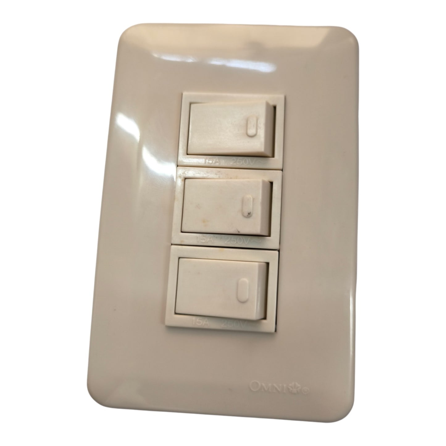 A three-light switch plate with three single-toggle switches, shown against a plain white background. The plate has a glossy finish and features the ONN logo at the bottom.