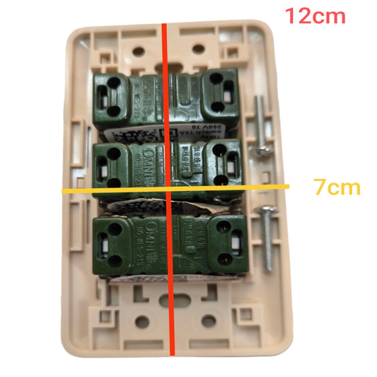 A beige plastic electrical junction box containing three dark green contact blocks and mounting hardware, with red and yellow measurement lines and text indicating dimensions of 12cm and 7cm on a white background.