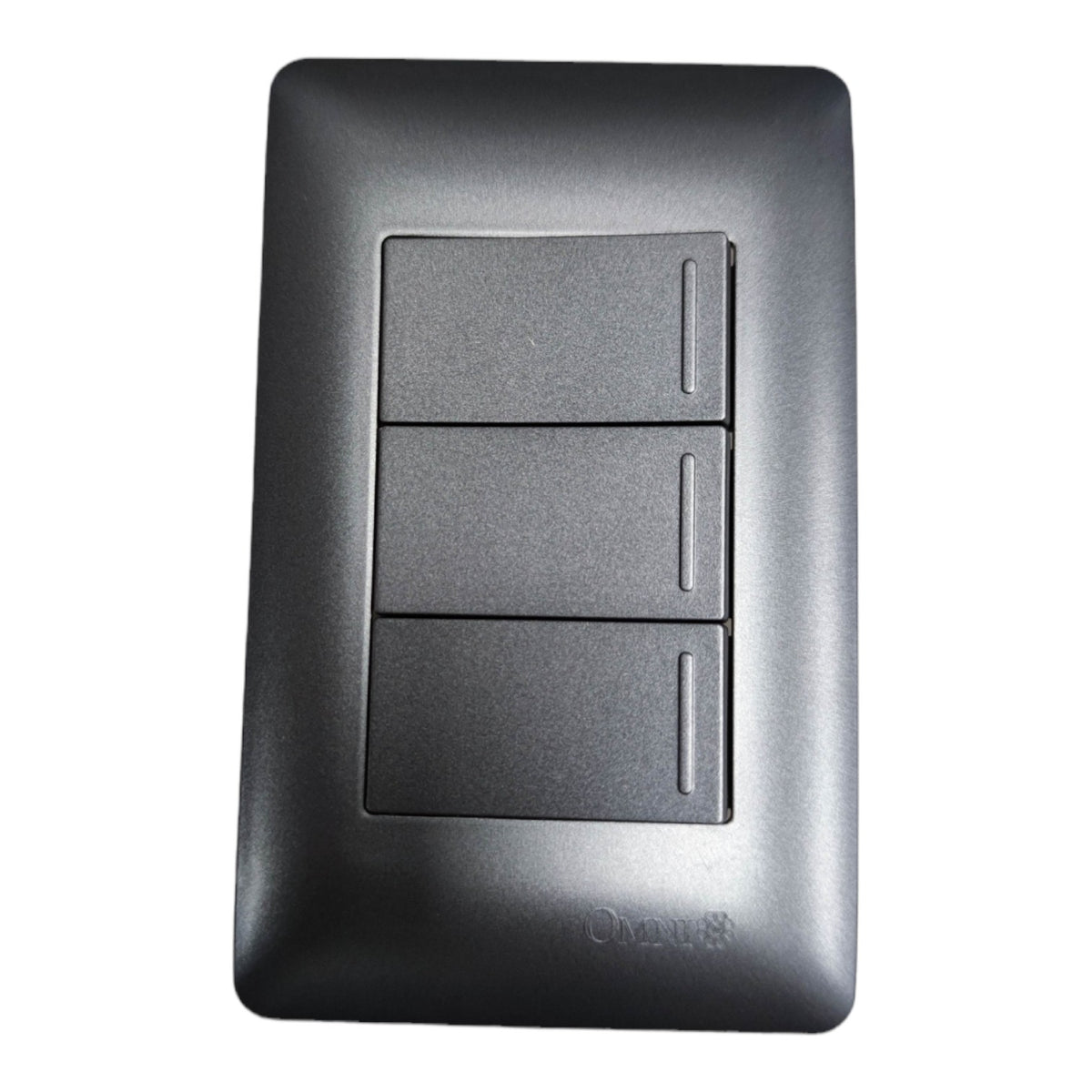 A three-button light switch plate in a matte black finish, featuring three rectangular switches stacked vertically with slim vertical indentations on each button. The brand name 'Omni' is subtly embossed near the bottom center.