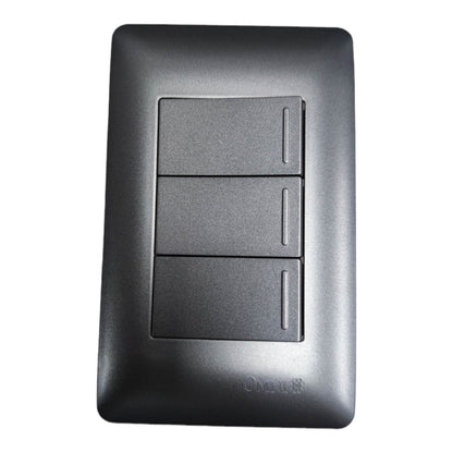 A three-button light switch plate in a matte black finish, featuring three rectangular switches stacked vertically with slim vertical indentations on each button. The brand name 'Omni' is subtly embossed near the bottom center.