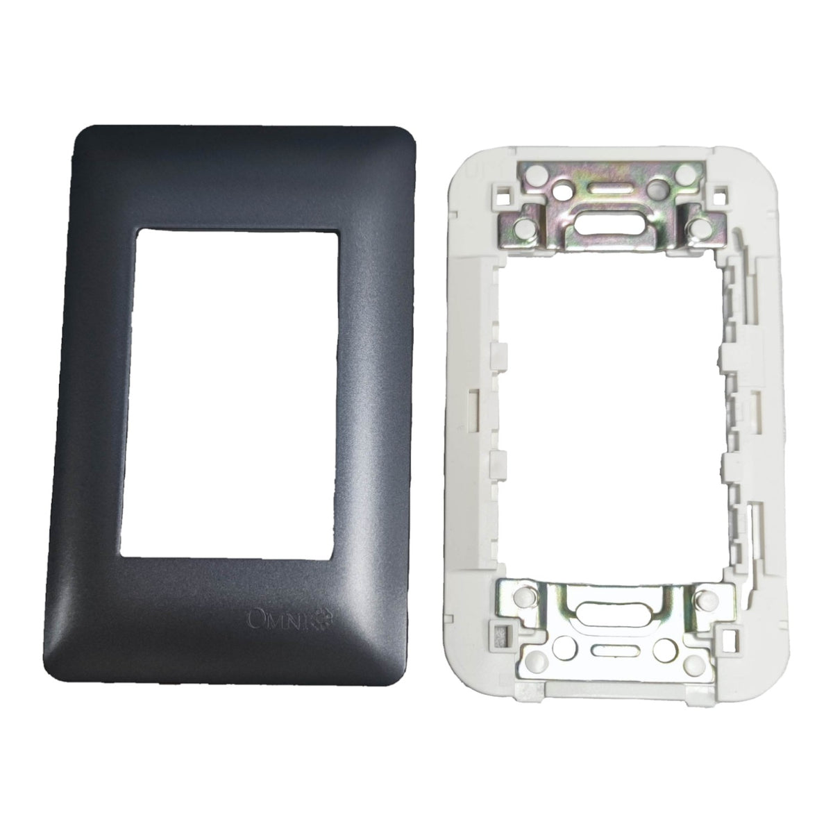 A black faceplate cover and a white backplate insert for a double-gang switch or outlet, displayed side-by-side on a white background.