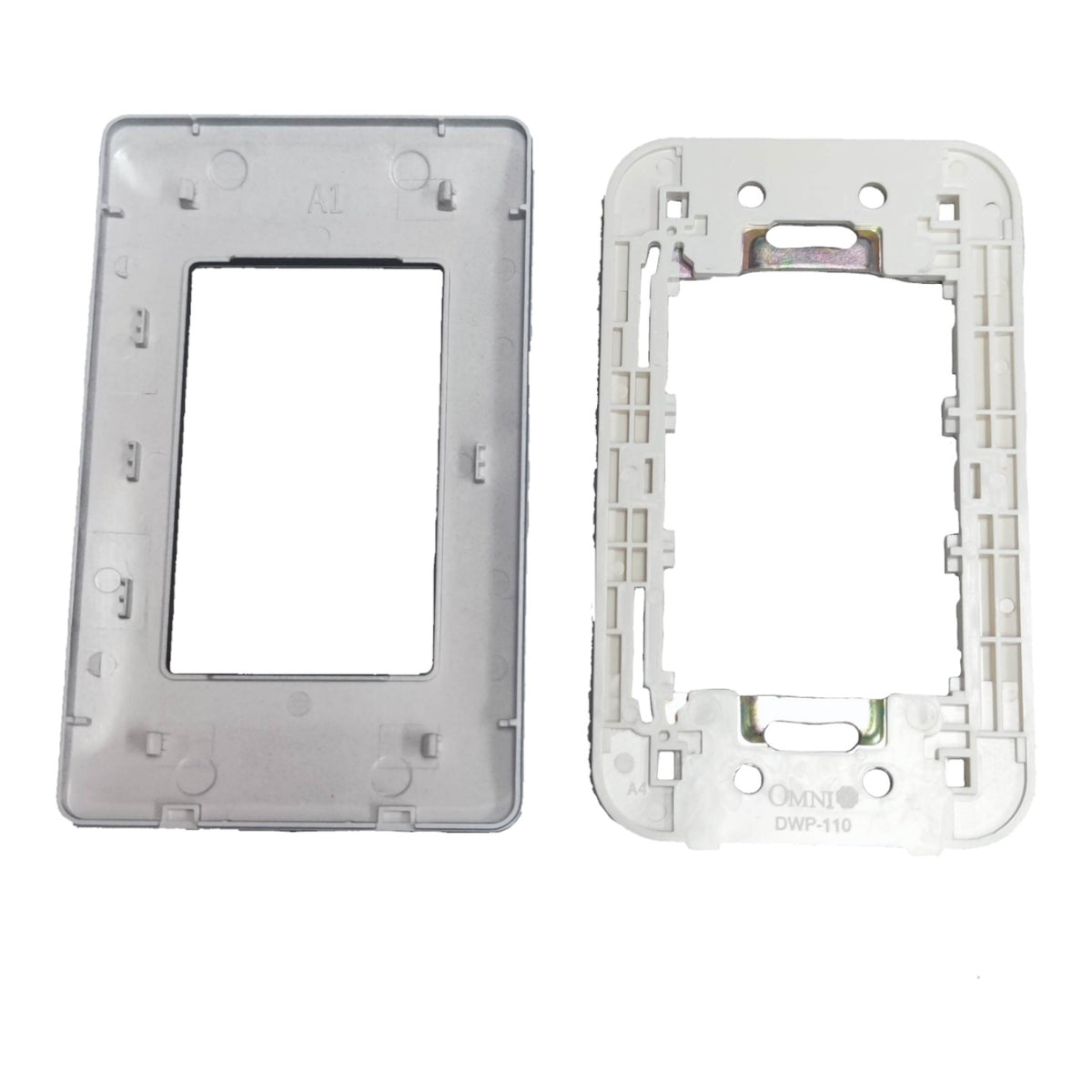 Two white plastic electrical wall switch plate backplates shown on a plain white background, one with the front cover and one without.