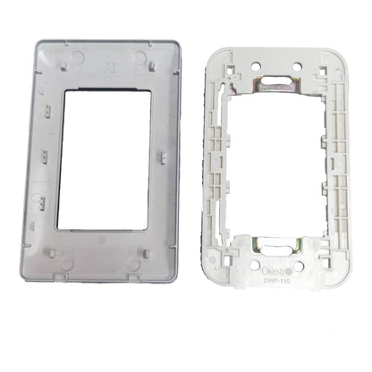 Two white plastic electrical wall switch plate backplates shown on a plain white background, one with the front cover and one without.