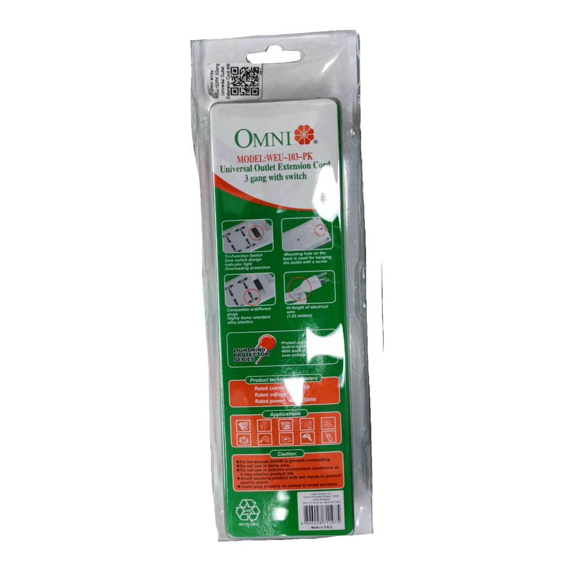 Omni 3 Gang Extension Cord Universal 6 Feet with Individual Switch Power Strip 3 Socket 10A 220V WEU-103-PK by Omni — Electx Electrical Supply product photo 3