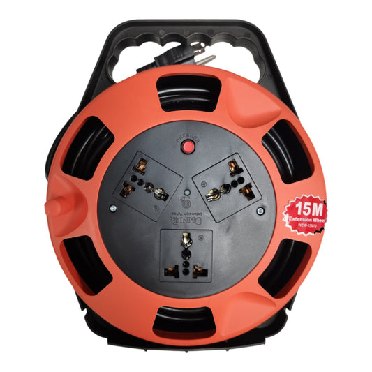 An orange and black 3-outlet extension reel with a 15-meter cord, shown from the back to reveal the internal outlets and plug. A red badge on the right indicates '15M Extension Meter'.