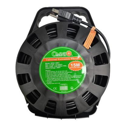 A black plastic Omni Universal Extension Wheel with a 15-meter cord and a black power plug, featuring a green and orange label on a white background.