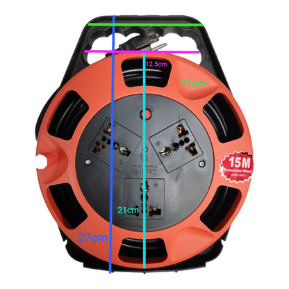 Top-down view of an orange and black cordless extension reel with overlaid dimension lines and measurements (12.5cm, 11cm, 21cm, 27cm) plus a red '15M Extension Reel' badge, on a white background.
