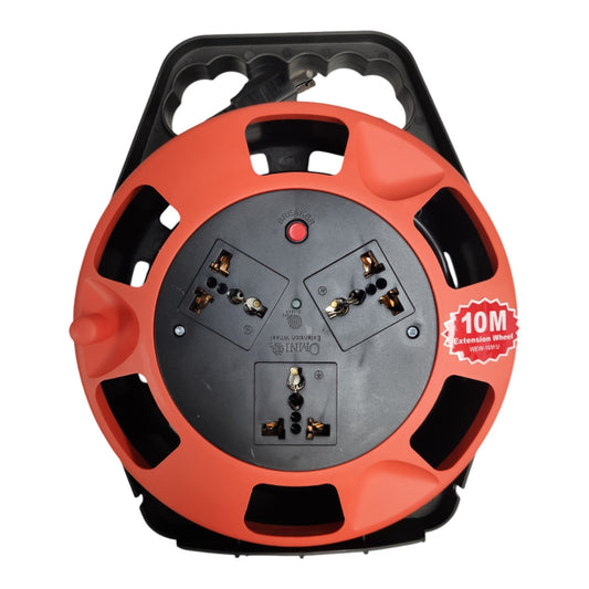 A 10-meter multi-outlet power strip with a black plastic carrying handle and a bright orange protective outer shell. The center features a dark gray circular base with three three-pin electrical outlets and a small red power switch.