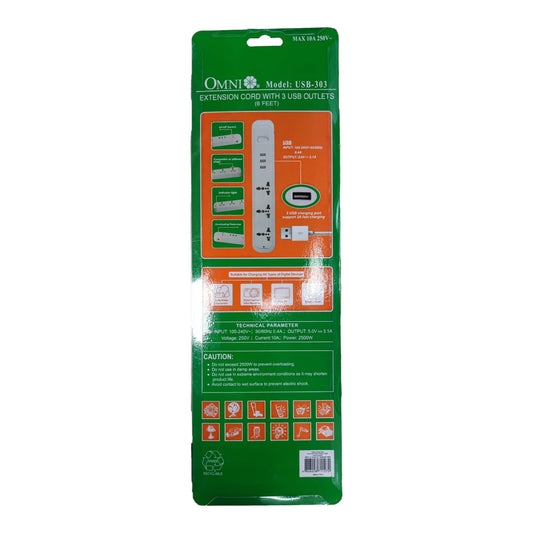 Omni 3 Gang Extension Cord With 3 USB Outlet 3 Gang Universal Outlet and 3 USB with 1 Main Switch 2500W 2.1A USB 5V USB-303-PK - photo 2