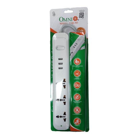 Omni 3 Gang Extension Cord With 3 USB Outlet 3 Gang Universal Outlet and 3 USB with 1 Main Switch 2500W 2.1A USB 5V USB-303-PK - front view