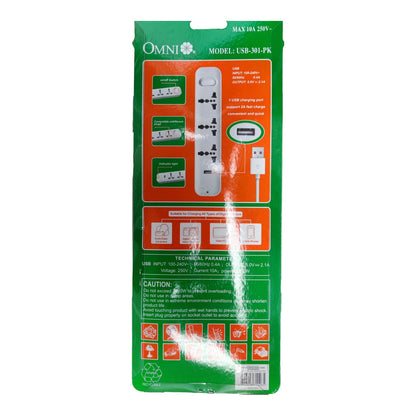 Omni 3 Gang Extension Cord With USB Outlet Universal Outlet and USB with 1 Main Switch 2500W 2.1A USB 5V USB-301-PK - photo 4