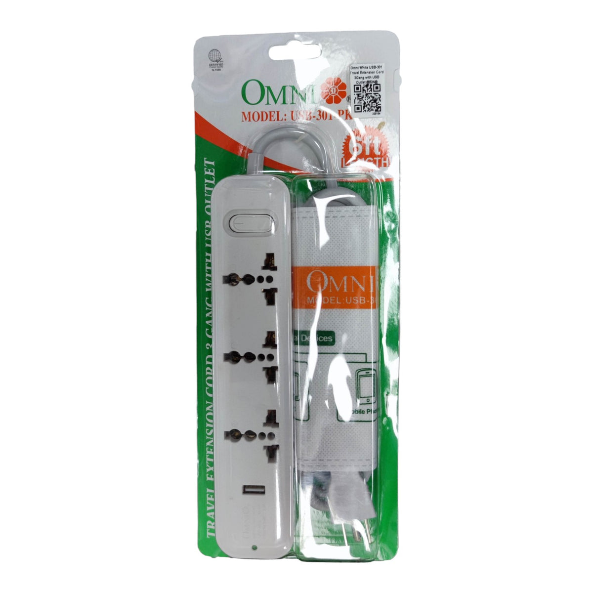 Omni 3 Gang Extension Cord With USB Outlet Universal Outlet and USB with 1 Main Switch 2500W 2.1A USB 5V USB-301-PK - front view