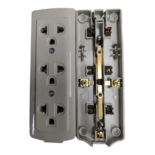 An open INAO electrical outlet junction box with a gray plastic outer cover and exposed internal metal terminals, shown on a white background.