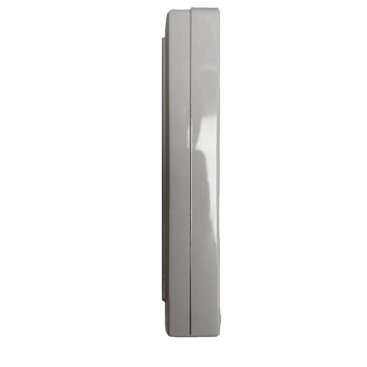 A side profile view of a glossy, light gray rectangular wall-mounted fixture or panel against a solid white background.