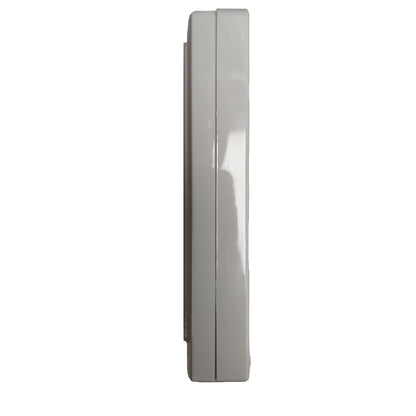 A side profile view of a glossy, light gray rectangular wall-mounted fixture or panel against a solid white background.