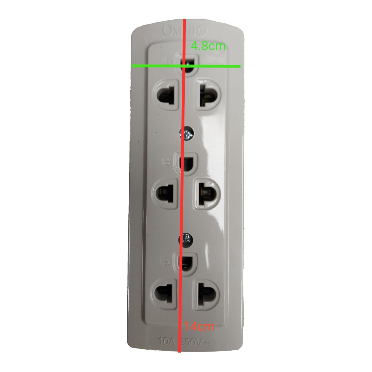 A 10-pin 10A 240V power strip with dimension overlays showing a width of 4.8cm and a height of 14.5cm on a white background.