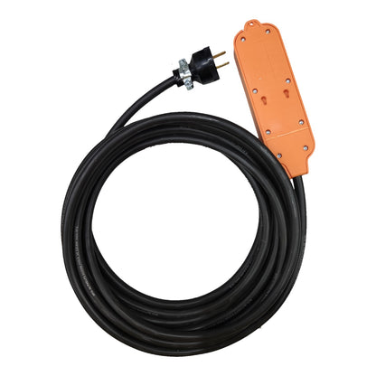 A coiled black extension cord with a black two-prong plug and an orange three-prong outlet housing, shown on a plain white background.